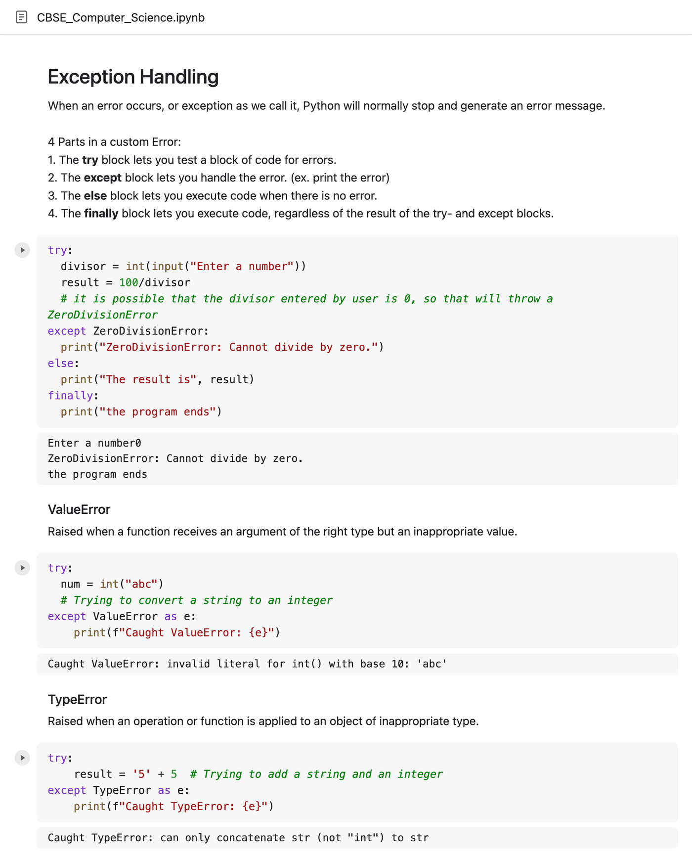 Notebook: exception handling with try, except, else and finally, and the output of each example