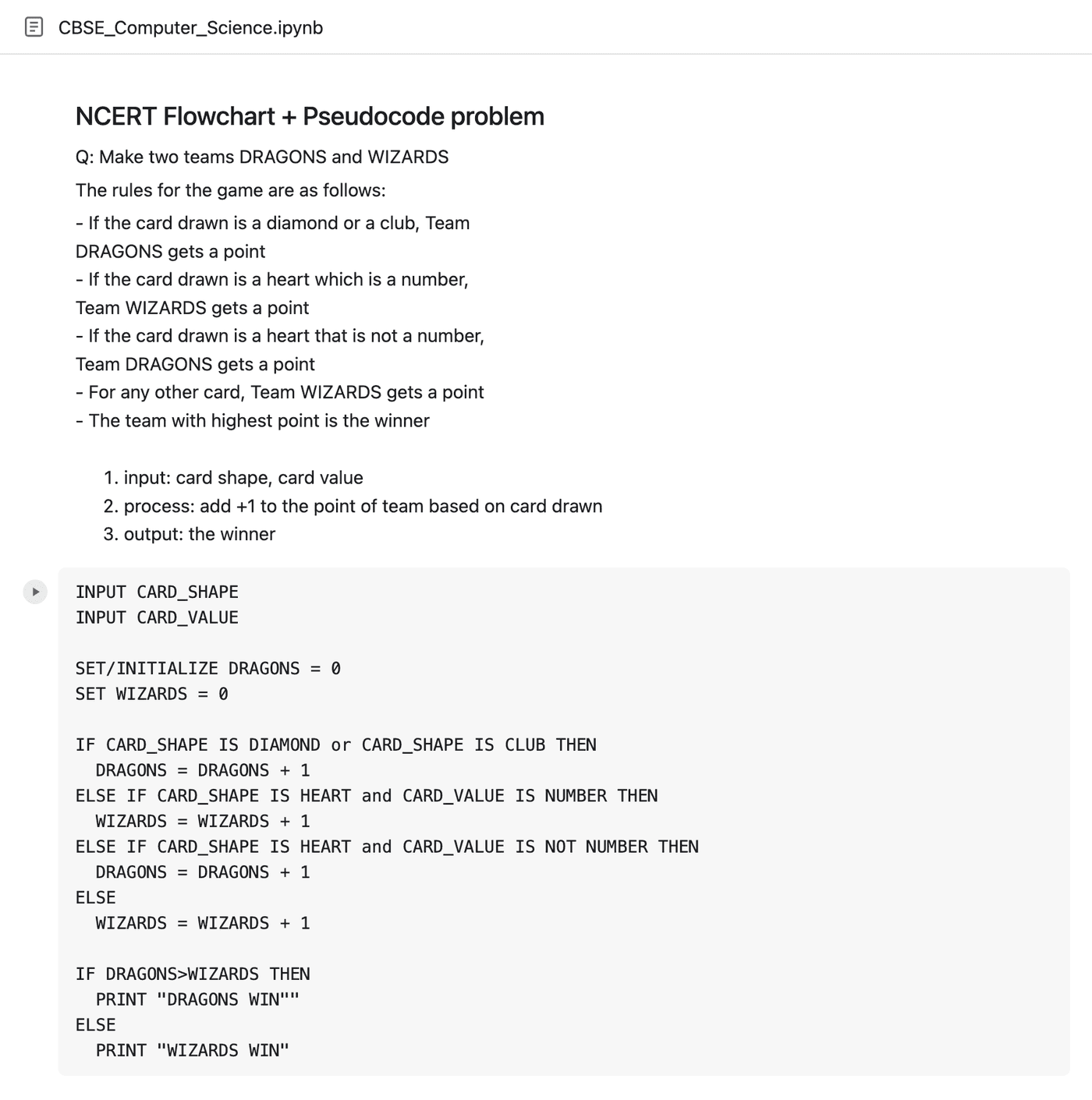 Notebook: an NCERT flowchart and pseudocode problem about two teams scoring points from playing cards