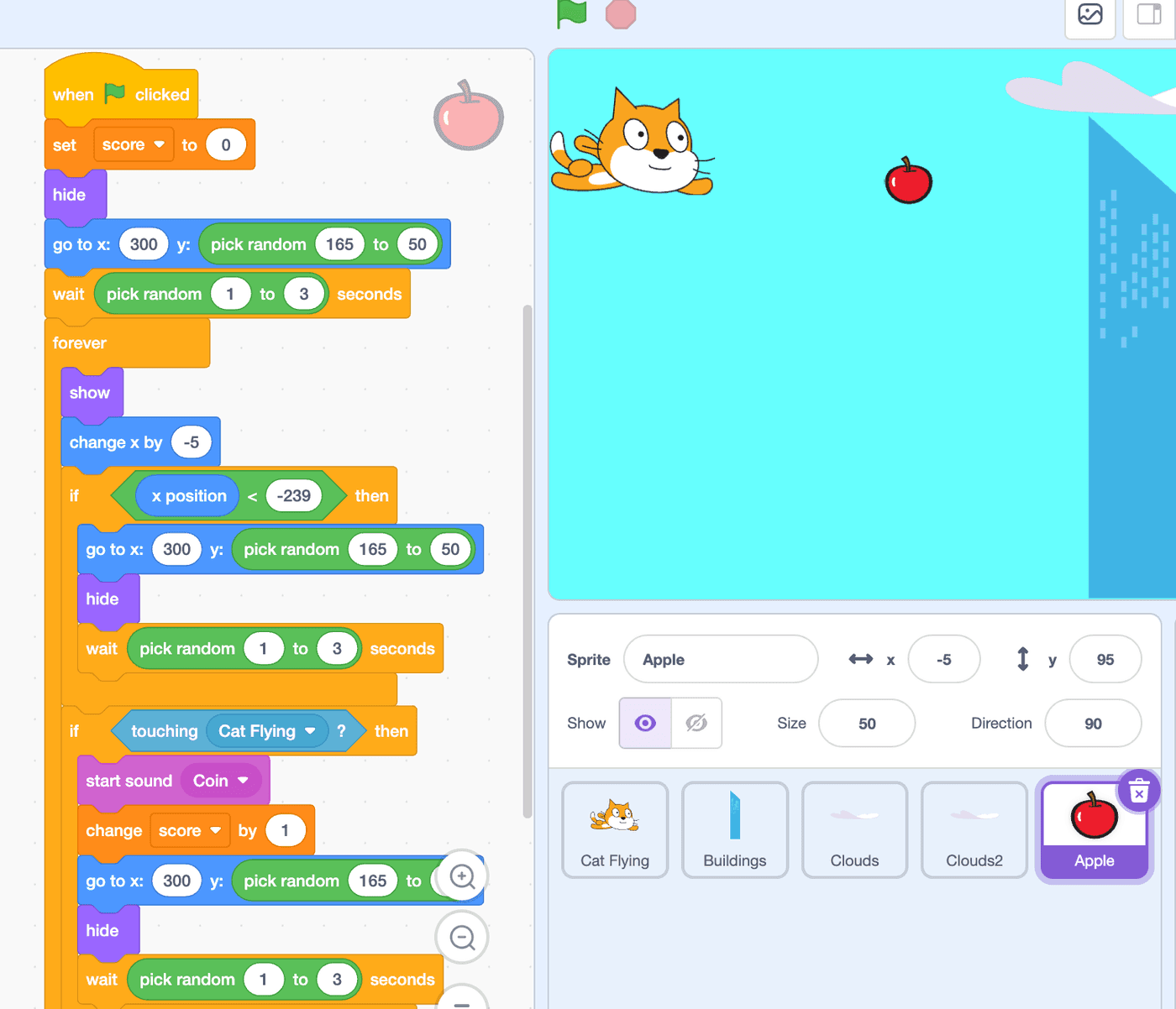 Scratch project: a flying cat catches falling apples, with the apple's code blocks for score, random position and touching