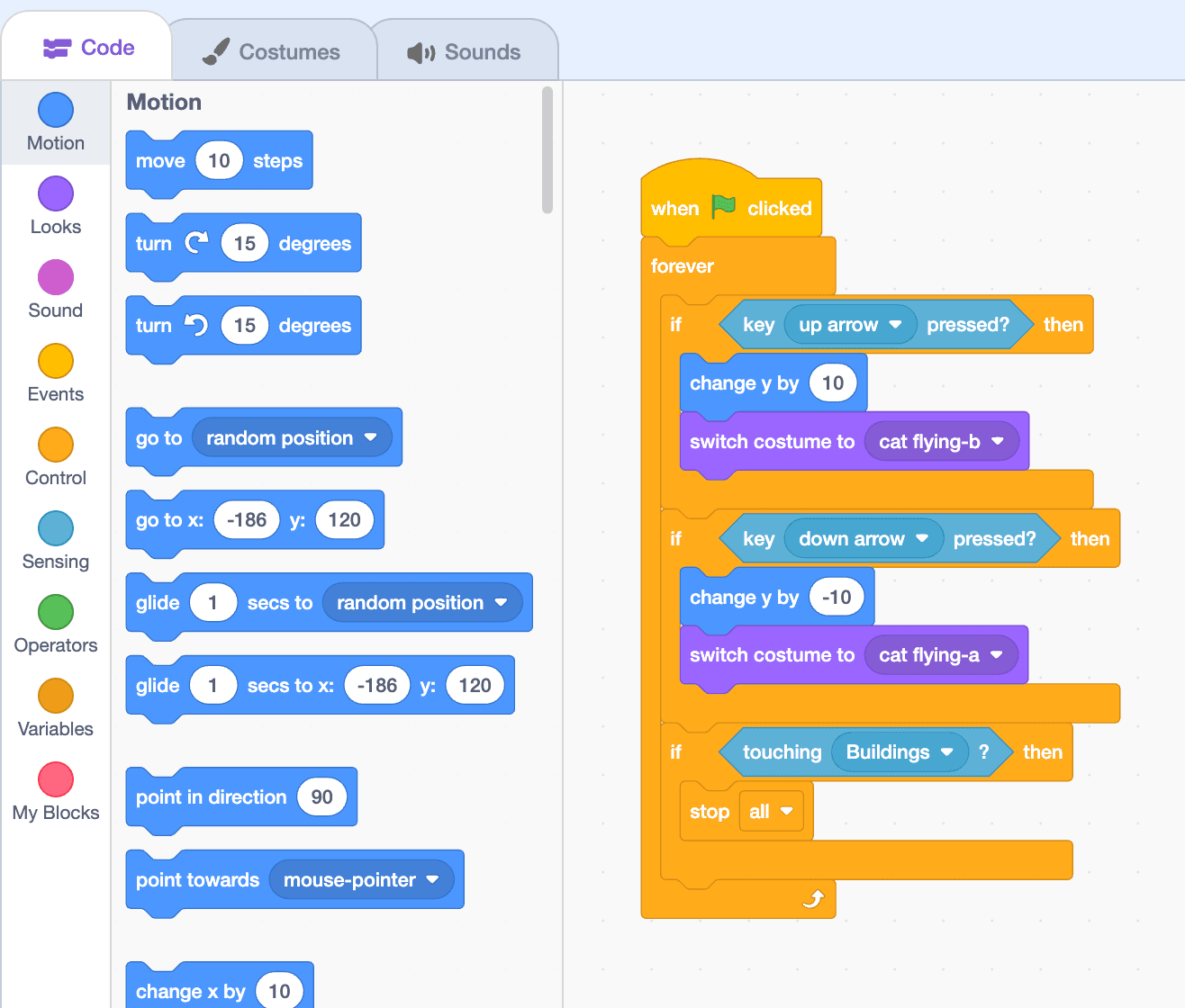 Scratch code: arrow keys move the cat up and down and switch its costume, and the game stops if it touches a building